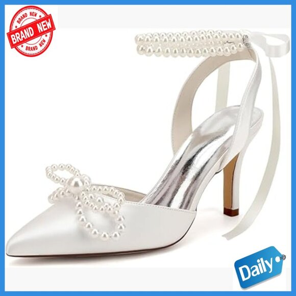 Shoes - Satin Slingback Heels with Pearl Bow Wedding Bridal Shoes Size 5-11